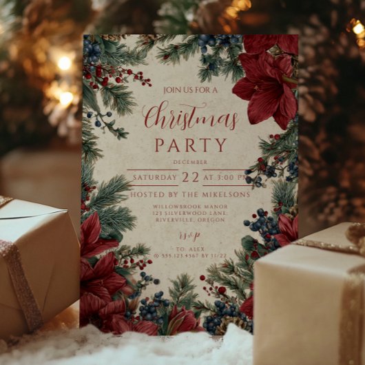 Invitation Réunion de Noël Florale Rustique d'Hiver