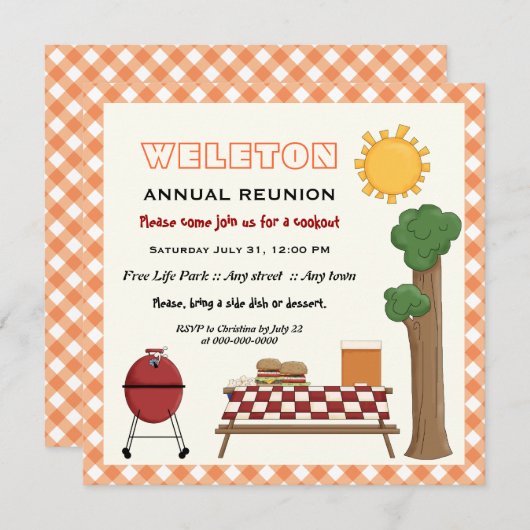Invitation Réunion familiale barbecue, orange en vichy bordur (Devant / Derrière)
