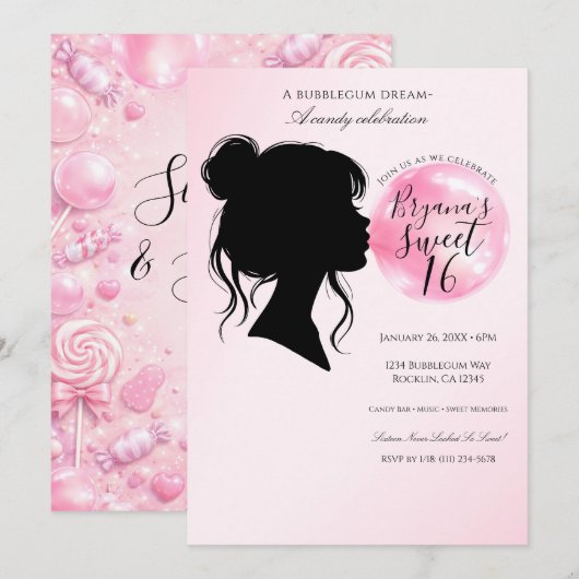 Invitation Rêve de Bubble Gum Rose Célébration Douce 16 (Devant / Derrière)