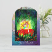 Invitation RÊVE DE FÉE SUR UNE FLEUR ROUGE bleu jaune,vert (Debout devant)