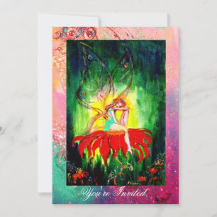 Invitation RÊVE DE FÉE SUR UNE FLEUR ROUGE rose jaune vert