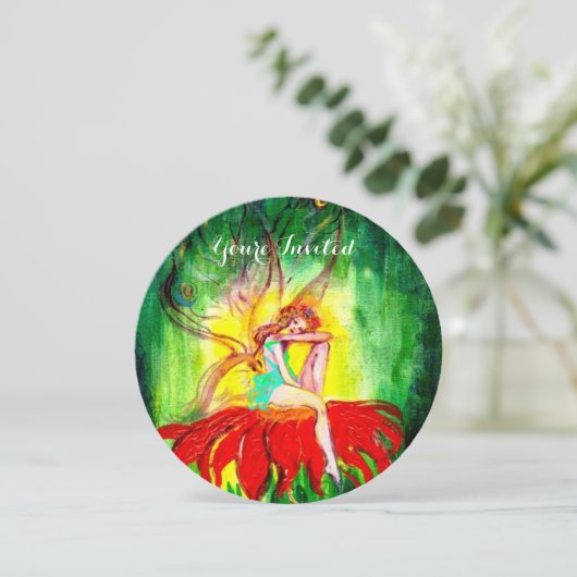 Invitation RÊVE DE FÉE SUR UNE FLEUR ROUGE Rouge Vert Jaune (Debout devant)