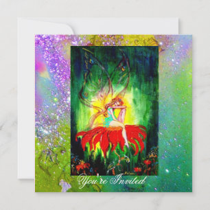 Invitation RÊVE DE FÉE SUR UNE FLEUR ROUGE violet jaune,vert