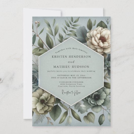 Invitation Rêve de flore bleu acier pour mariage (Devant)