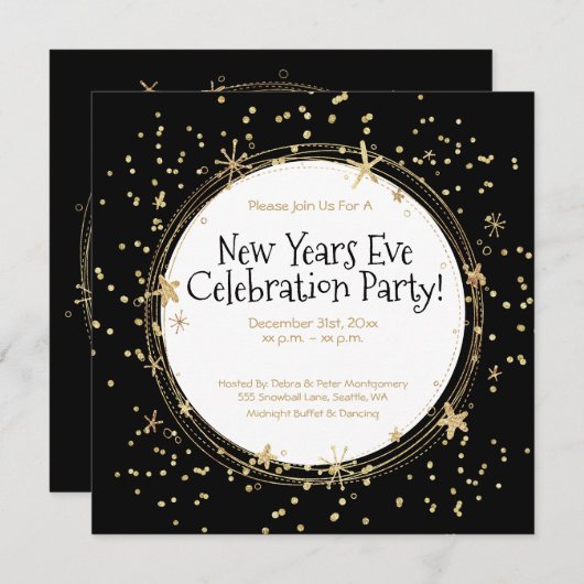 Invitation Réveillon du Nouvel An, Or, Noir, Fête (Devant / Derrière)