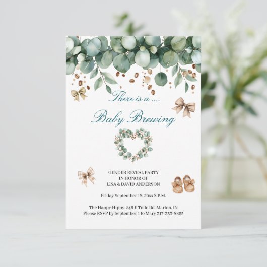 Invitation Révélation de bébé boho douce – Vert sauge et marr (Debout devant)