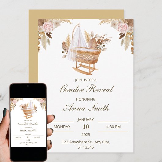 Invitation Révélation de genre blanc mignon Aquarelle