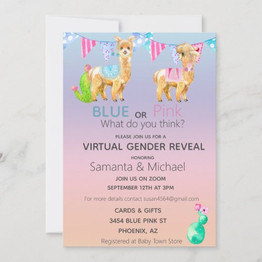 Invitation Révélation de genre de Llama bleu rose virtuel (Devant)