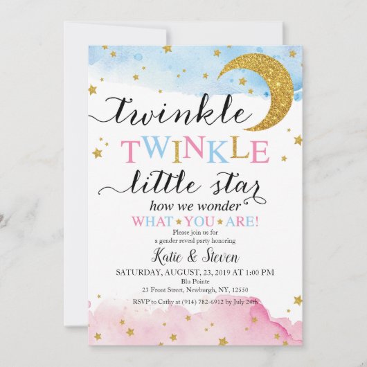 Invitation Révélation de genre Twinkle Twinkle (Bleu & Rose) (Devant)