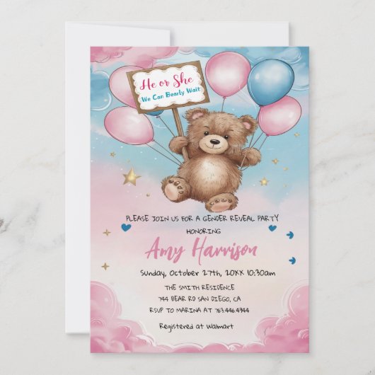 Invitation Révélation du genre de l'ours Baby shower rose et (Devant)
