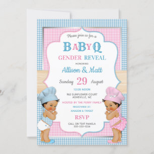 Invitation Révélation du sexe de bébé Q BBQ Gingham Rose Bleu