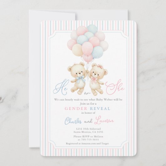 Invitation Révélation du sexe de l'ours en peluche (Devant)