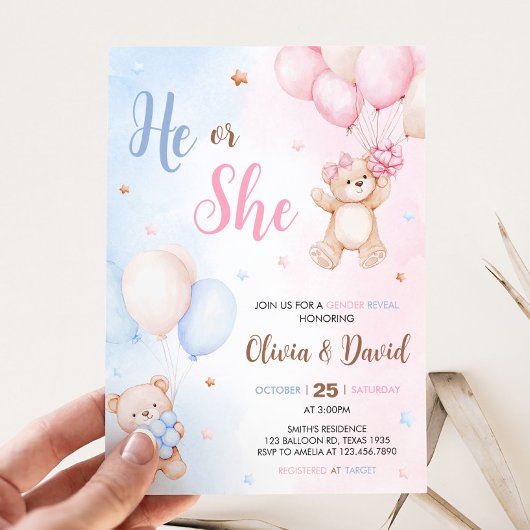 Invitation Révélation du sexe du bébé avec ballon ours