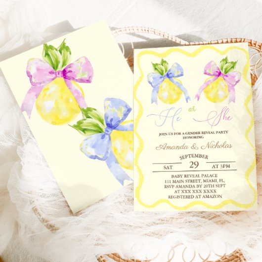 Invitation Révéler le genre Lui ou elle Pink Blue Bow Lemon