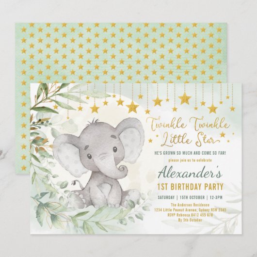 Invitation Rêves de verdure Lune et étoiles Eléphant 1er anni (Devant / Derrière)