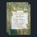 Invitation Rêves vintages du temple Royal Peacock<br><div class="desc">Des paons royaux blancs et bleus-verts sur un arrière - plan Vintage tropical parsemé de plumes d'or exotique et de feuilles pour ce thème mariage stationnaire ou comme décor design</div>