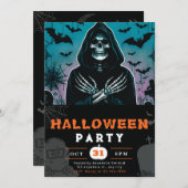 Invitation Revêtement vert et noir Gris Skeleton Halloween (Devant / Derrière)