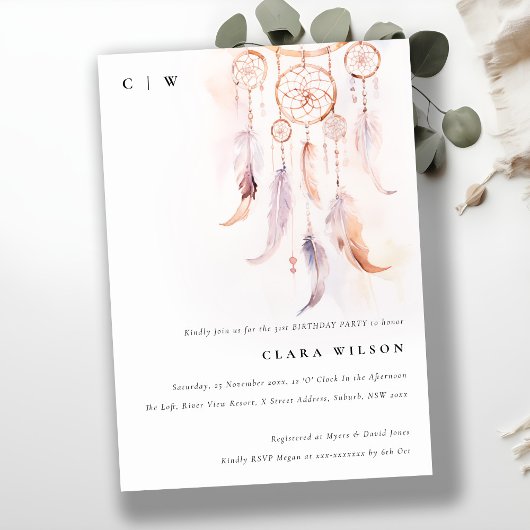 Invitation Rêveur de plume de saumons boho minimal Anniversai