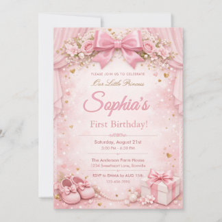 Invitation Rêveur et paillettes floral rose ruban 1er anniver