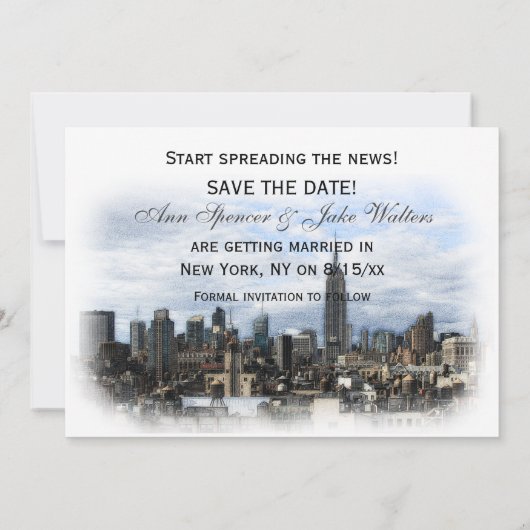 Invitation Rêveuse Black Skyline de NYC Enregistrez la date H (Dos)