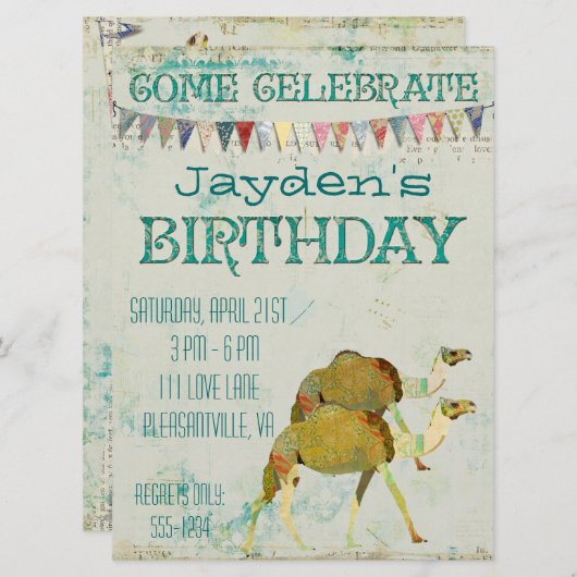 Invitation rêveuse d'anniversaire de chameaux (Devant / Derrière)