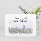 Invitation Rêveuse Dk Gray Skyline de NYC Enregistrez la date (Debout devant)