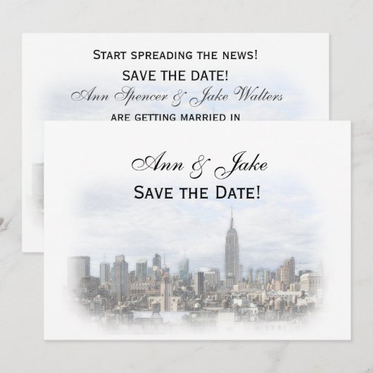 Invitation Rêveuse Dk Gray Skyline de NYC Enregistrez la date (Devant / Derrière)