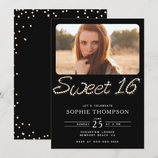 Invitation Rhinestones Classy Noir Formel Sweet 16 Photo (Devant / Derrière)