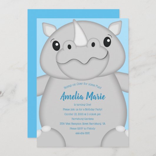 Invitation Rhino Anniversaire Bleu (Devant / Derrière)