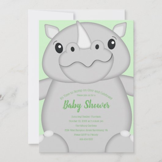 Invitation Rhino Baby shower vert (Devant)