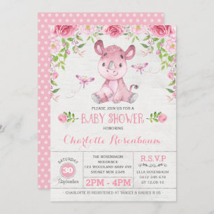 Invitation Rhinoceros Floral Rose Bébé Douche pour fille