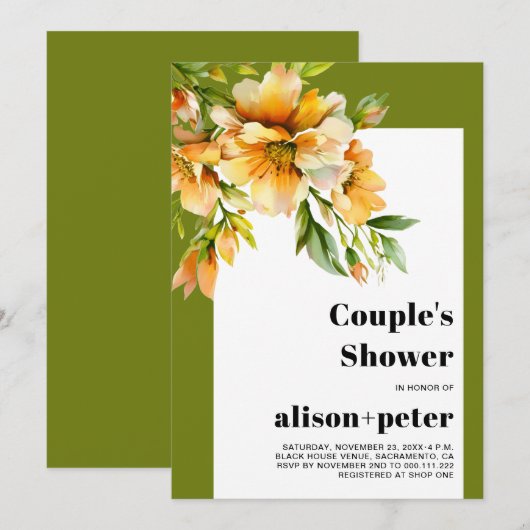 Invitation Rhododendron orange yellow flowers couple's shower (Devant / Derrière)