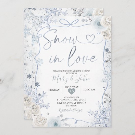 Invitation Ribbon and Bow Winter Snow in Love Bridal Shower (Devant / Derrière)