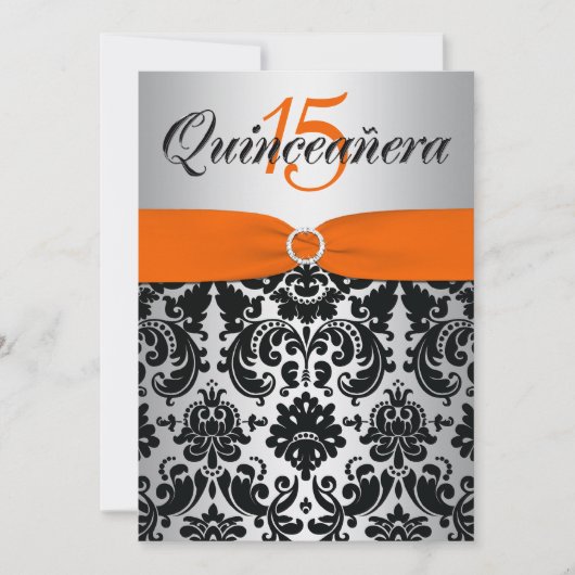 Invitation RIBBON ARGENT ARGENT Noir Quinceanera IMPRIMÉ (Devant)