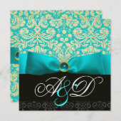 INVITATION RIBBON BLEU TURQUOISE BLANC BLACK DAMASK MONOGRAM (Devant / Derrière)