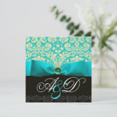 INVITATION RIBBON BLEU TURQUOISE BLANC BLACK DAMASK MONOGRAM (Debout devant)