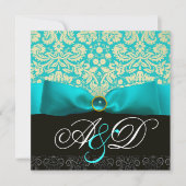 INVITATION RIBBON BLEU TURQUOISE BLANC BLACK DAMASK MONOGRAM (Devant)