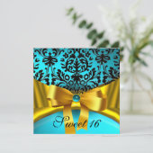 INVITATION RIBBON D'OR JAUNE AQUA TURQUOISE BLEU BLEU DAMASK (Debout devant)