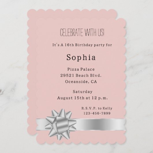 Invitation Ribbon en argent clair et bow Anniversaire (Devant / Derrière)