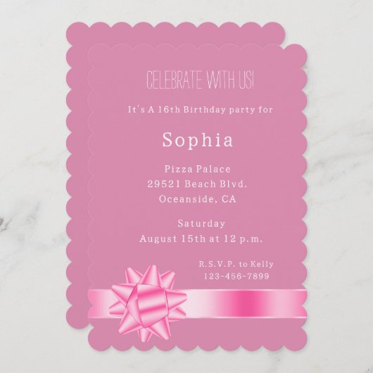 Invitation Ribbon et bow rose Glam (Devant / Derrière)