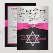 Invitation RIBBON IMPRIMÉ Noir, argenté, floral rose (Devant / Derrière)