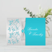 Invitation RIBBON IMPRIMÉ Turquoise, Mariage Floral Argent (Debout devant)
