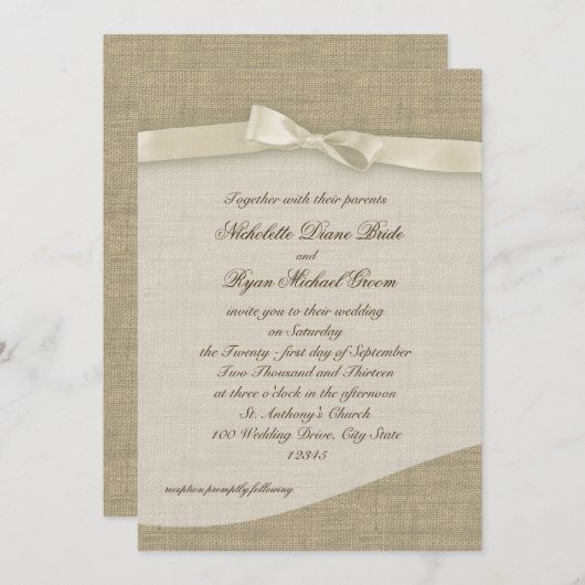 Invitation Ribbon ivoire et Mariage Burlap (Devant / Derrière)