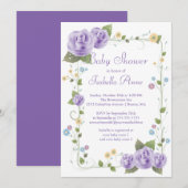 Invitation Ribbon mignon Roses Baby shower bébé fille (Devant / Derrière)