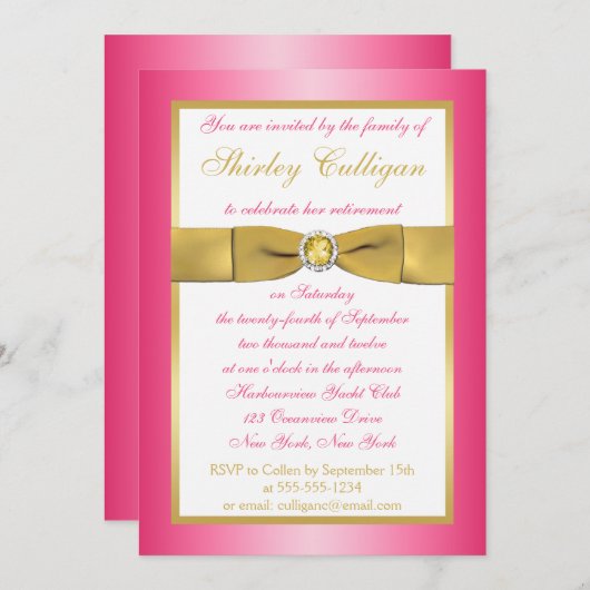 Invitation RIBBON Pink, Gold, White Retirement (Devant / Derrière)