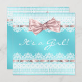 Invitation Ribbon rose blanc Baby shower bleu Turquoise (Devant / Derrière)