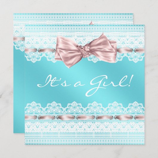 Invitation Ribbon rose blanc Baby shower bleu Turquoise (Devant / Derrière)