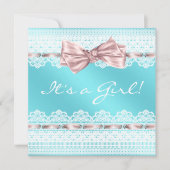 Invitation Ribbon rose blanc Baby shower bleu Turquoise (Devant)