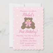 Invitation Ribbon rose mignon bébé Teddy Bear Premier anniver (Devant)
