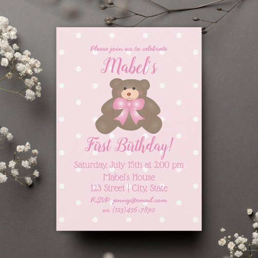 Invitation Ribbon rose mignon bébé Teddy Bear Premier anniver